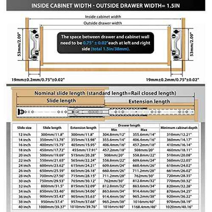 Heavy Duty Drawer Slides Full Extension Locking Runners with Lock 16 18 20 22 24 26 28 30 32 34 36 38 40 Inch Side Mount Ball Bearing Rails 500 Lb (Load:250 lb (No Lock) -W:53mm, 22 inch)