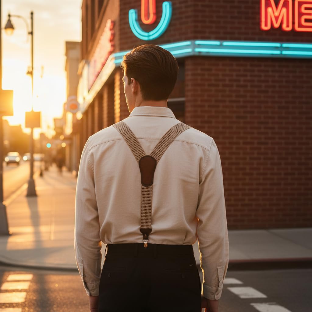 Tourbon Leather Suspenders for Men Y Back Shape Elastic Webbing Adjustable Brown Wedding Groomsmen with Interchangeable Clips