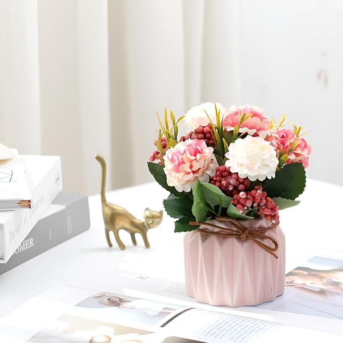 2 PCS Mini Hygrangea Artificial Flowers in Vase, Small Centerpiece Table Decorations - Fake Plant in Vase, Faux Hydrangea Flower Decor for Home, Wedding, Office and Party