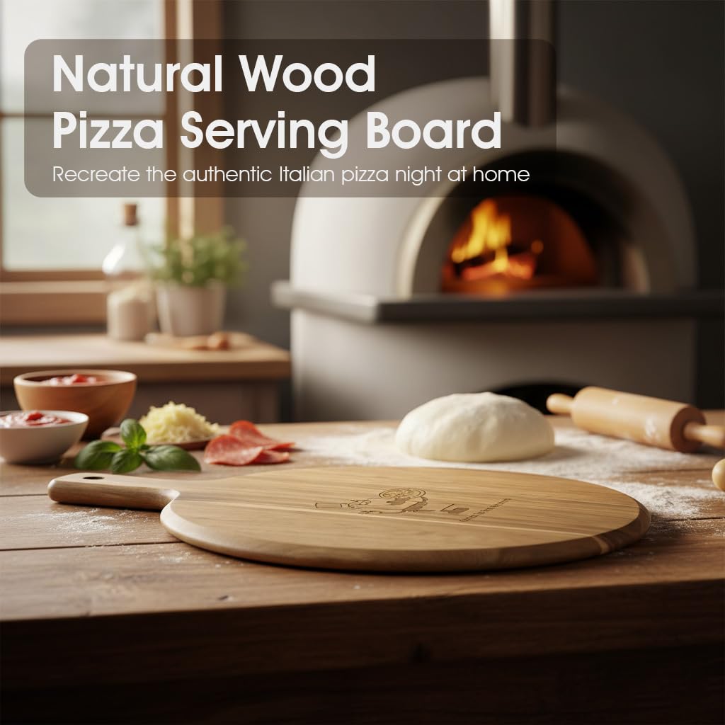 GleeNflux 12" Acacia Wood Pizza Board & Cutting Board Set with Pizza Cutter, Round Wooden Serving Tray/Charcuterie Platter for Cheese, Appetizers & Entertaining, Rustic Housewarming Gift