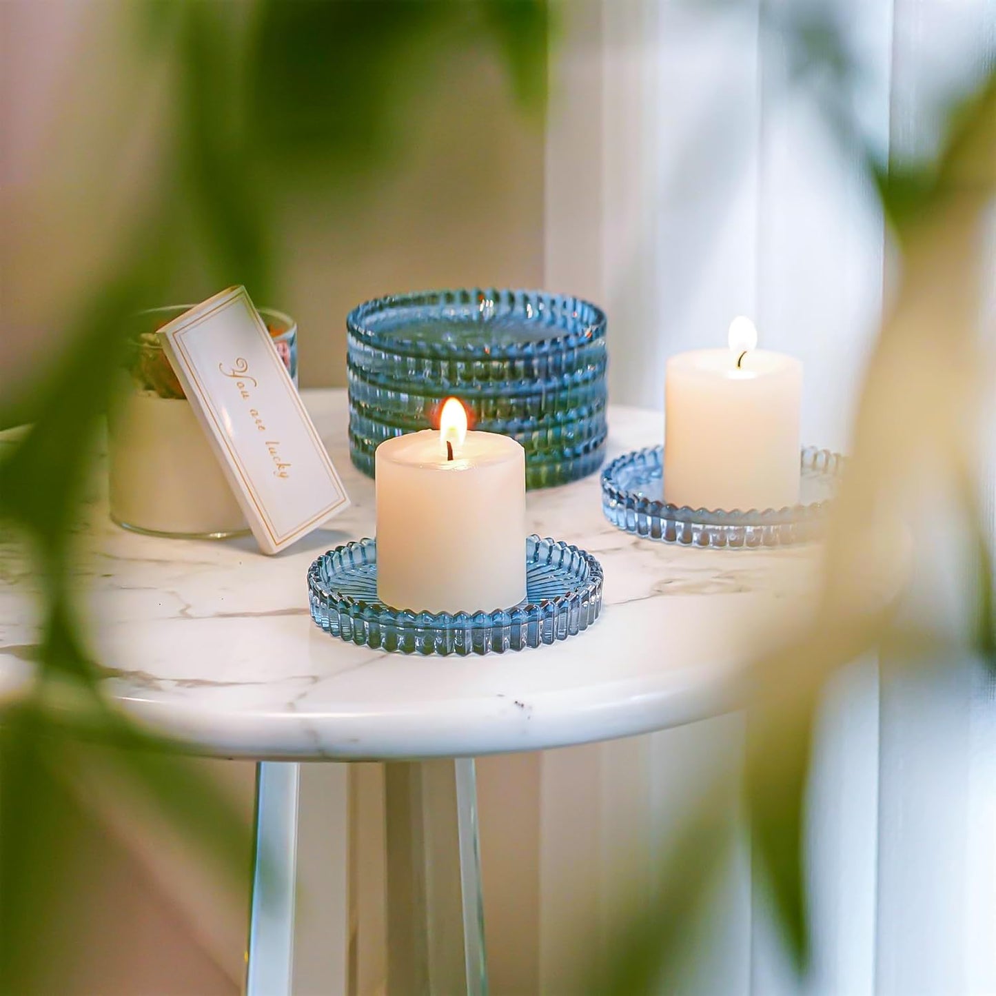 Kanpura Set of 6 Blue Glass Candle Plates, Pillar Candle Holder Plates,Glass Coaster Holder,Small Round Trays for Christmas Party Wedding Centerpiece