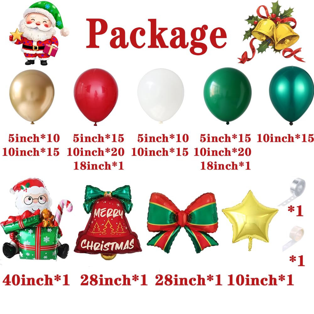 Christmas Balloon Arch Garland Kit, 156Pcs Red Green Gold Balloons with Santa Jingle Bell Bow Star Mylar Balloons for Christmas Party Decorations Xmas Birthday New Year Party Favors
