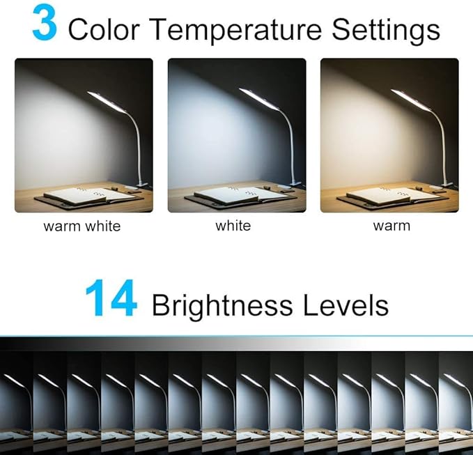RAOYI LED Desk Lamp, 5W USB Clip on Light Eye-Caring Reading Clamp Table Lamp with 48 LEDs Flexible Gooseneck, 3 Color Modes and 14 Brightness Levels for Office Bedroom Study (Black)