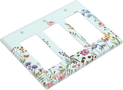 Rustic Wild Floral Vintage Blue Watercolor Flower 3 Gang Rocker Light Switch Covers Decorative Unique Triple Outlet Wall Plate Cover Faceplate Decorative Switchplate GFCI for Bedroom
