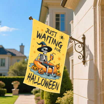 SRWNFOS Just Waiting For Halloween Welcome Garden Flag, 12x18 Inch Double Sided Yard Holiday Party Farmhouse Porch Lawn Outside Decor, Funny Halloween Pumpkin Garden Flag, Gifts for Friend Family