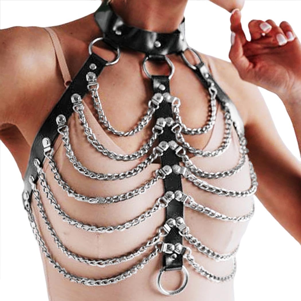 Zoestar Leather Chest Harness Chain Belt Black Fashion Rave Body Accessories for Women