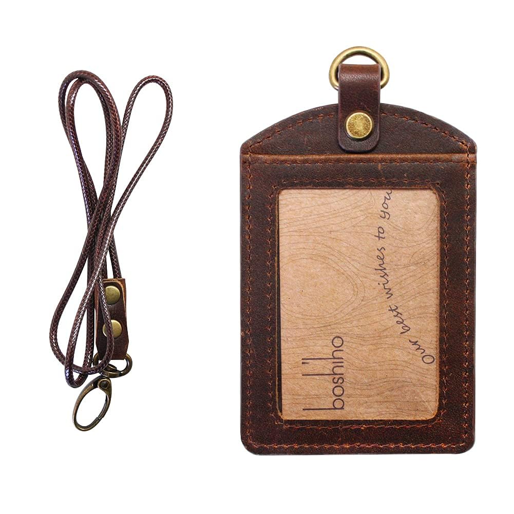 Badge Holder: Boshiho Cowhide Leather ID Badge Card Holder with 19" Neck Lanyard, Vertical Style (Dark Brown)