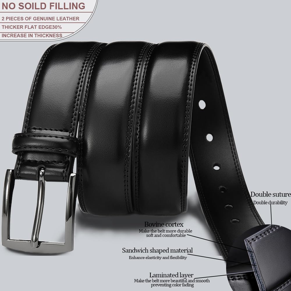 DOOPAI Men's Genuine Leather Dress Belt 2Pack - Handmade Classic Casual and Business Belt, 100% Cow Leather Prong Buckle,