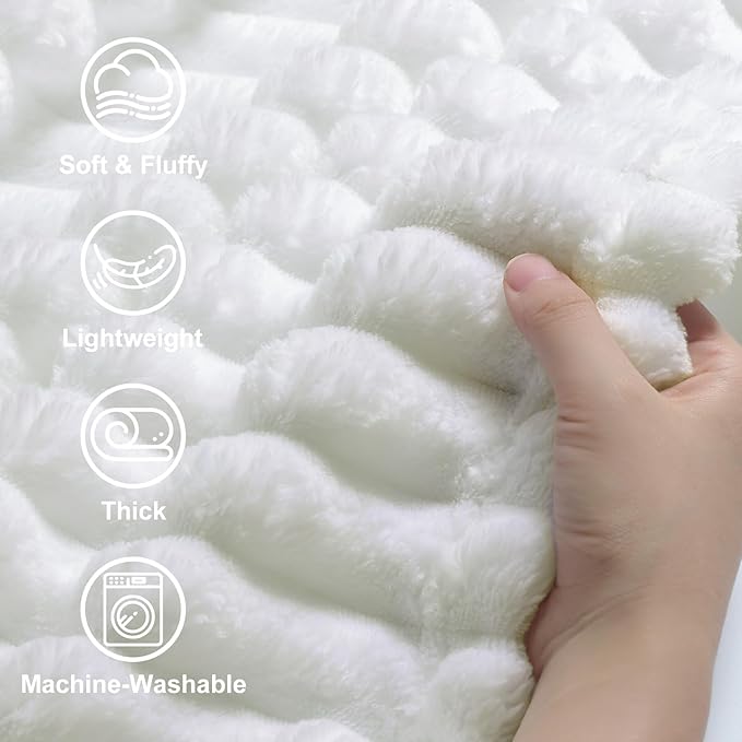 decorUhome Soft Fleece White Blanket King Size for Bed, Cozy Fluffy Plush Flannel Large Striped Throws for Couch Sofa, Lightweight Decorative Fuzzy Blanket for Woman, 108x90 Inches
