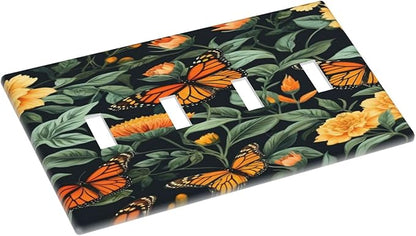 Butterflies Flower Garden Light Switch Covers Quad Toggle 4 Gang Wall Plate Decorative Switchplate Electrical Faceplate for Farmhouse Bathroom Living Decor