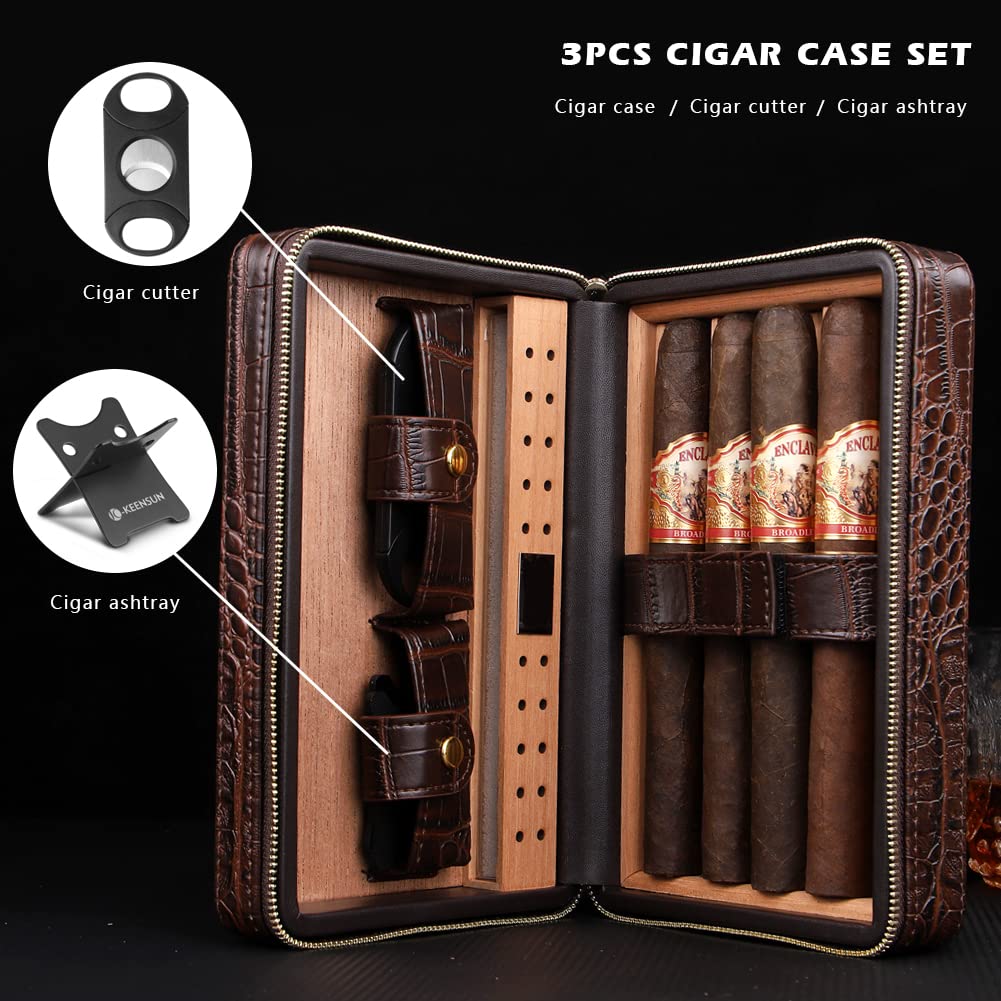 KEENSUN Cigar Case- 4-Finger Black Brown Crocodile Pattern PU Leather Travel Cedar Wood Cigar Humidor with humidifier,Cigar Cutter and Cigar Holder Great Gift for Men