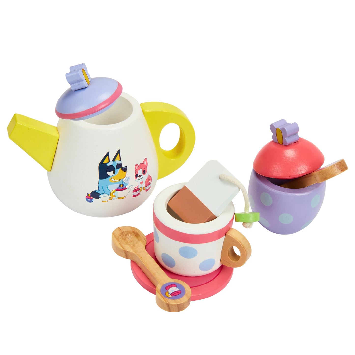 Bluey Wooden Tea Party Set – 18 PC Pretend Play Set with Tray, Teapot, Tea Cups, Biscuits, Sugar Pot, Notepad & Pencil- Durable, Eco-Friendly FSC Certified Wood – Imaginative Role Play Toy for Kids 3+
