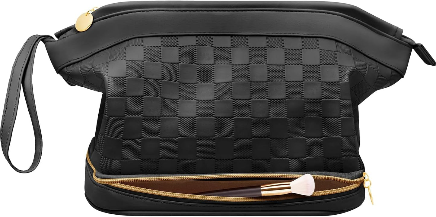 Hairao Large Makeup Bag for Women, Double Layer Travel Makeup Bag with Brush Compartment, Waterproof PU Leather Cosmetic Bag, Checkered Toiletry Bag Makeup Organizer for Skincare & Toiletries, Black