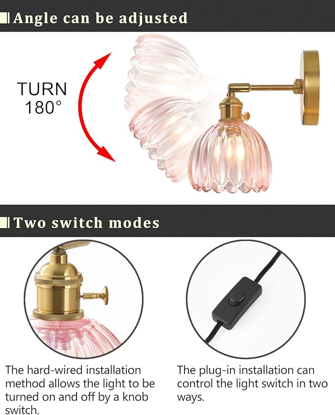 Plug in and Hardwired Wall Sconces, Luxury Vintage Tulip Crystal Glass Shade Wall Light with Switch for Bedside Bedroom Living Room (Tulip-Pink, 2)