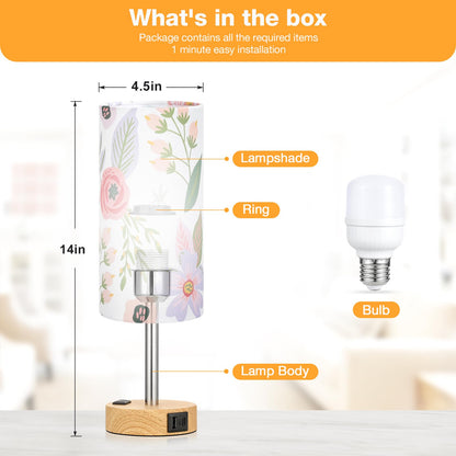 Fenmzee Floral Touch Lamp for Bedroom- 3 Way Dimmable Bedside Lamp USB C A Charging Ports and AC Outlet, Small Table Lamp Floral Linen Lampshade for Gift, LED Bulb Included