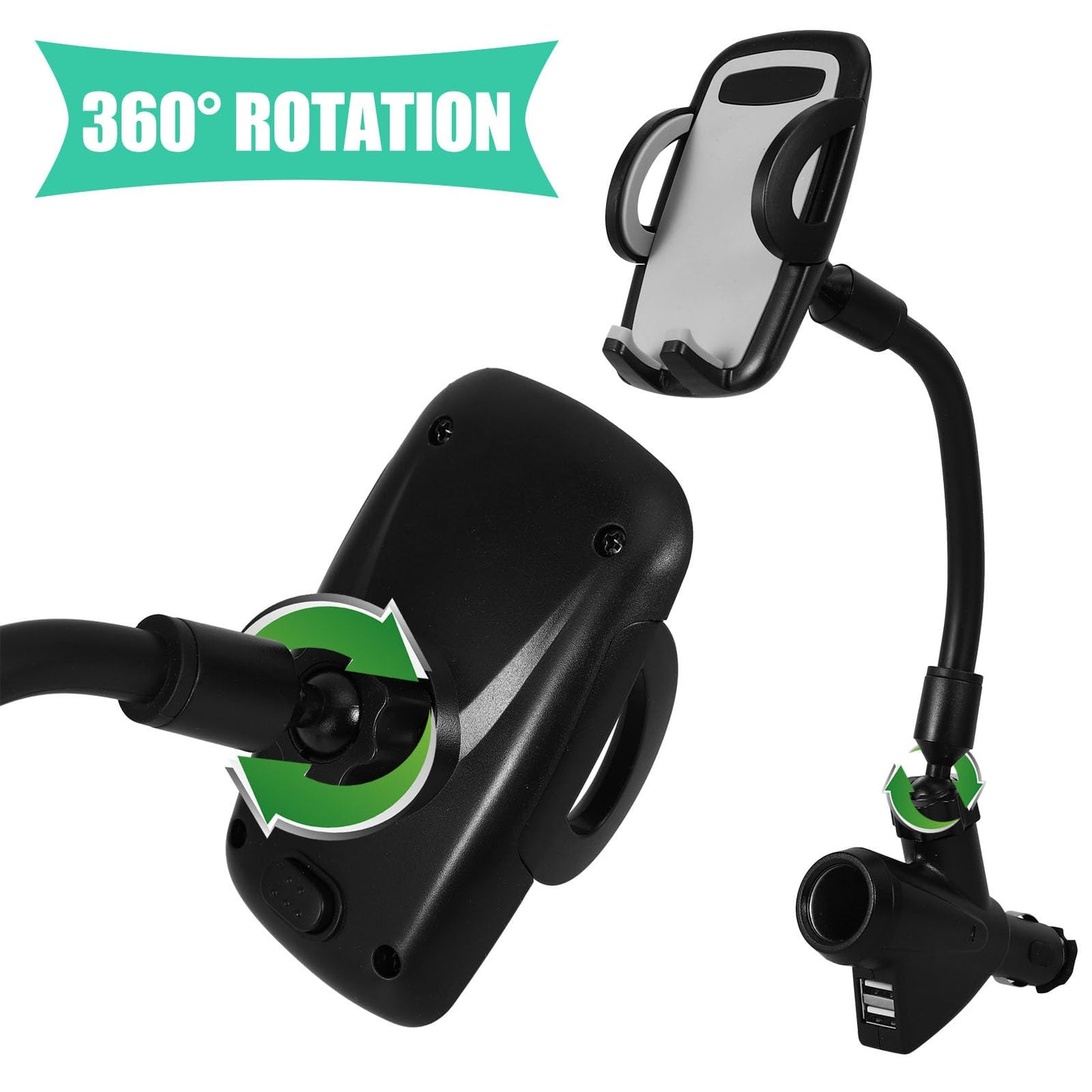 Veemoon Portable Electronic Device Mount for 3-6.5 inch Phones, Dual USB Car Charger Lighter Phone Holder