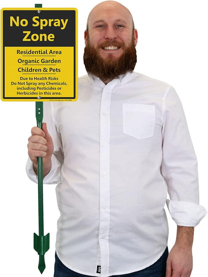 SmartSign 12" x 10" 'No Spray Zone Residential Area, Organic Garden, Children And Pets' LawnBoss Yard Sign with 3 ft Stake, 40 mil Laminated Aluminum, Black/Yellow, Set of 1, USA-Made
