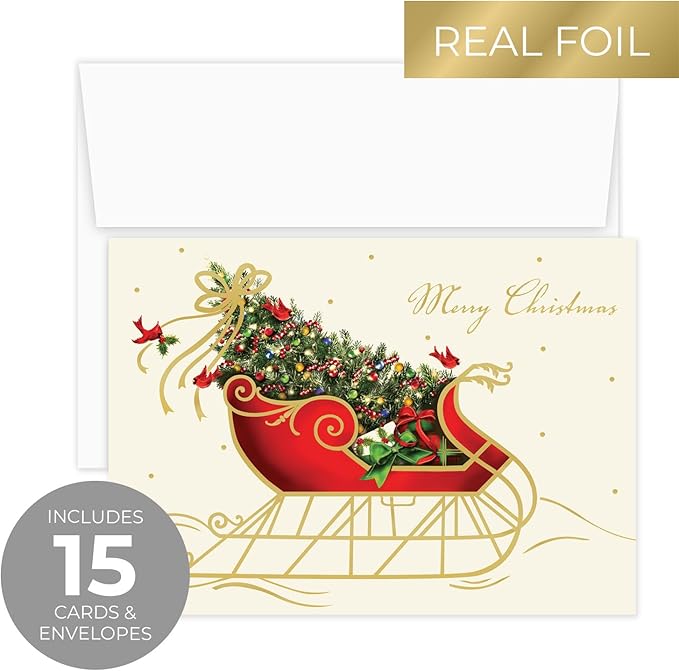 Canopy Street Masterpiece Holiday Sleigh Christmas Cards / 15 Traditional Holiday Cards With Coordinating White Envelopes Set / 5 5/8" x 7 7/8" Winter Greeting Cards With Inside Verse/Made In The USA