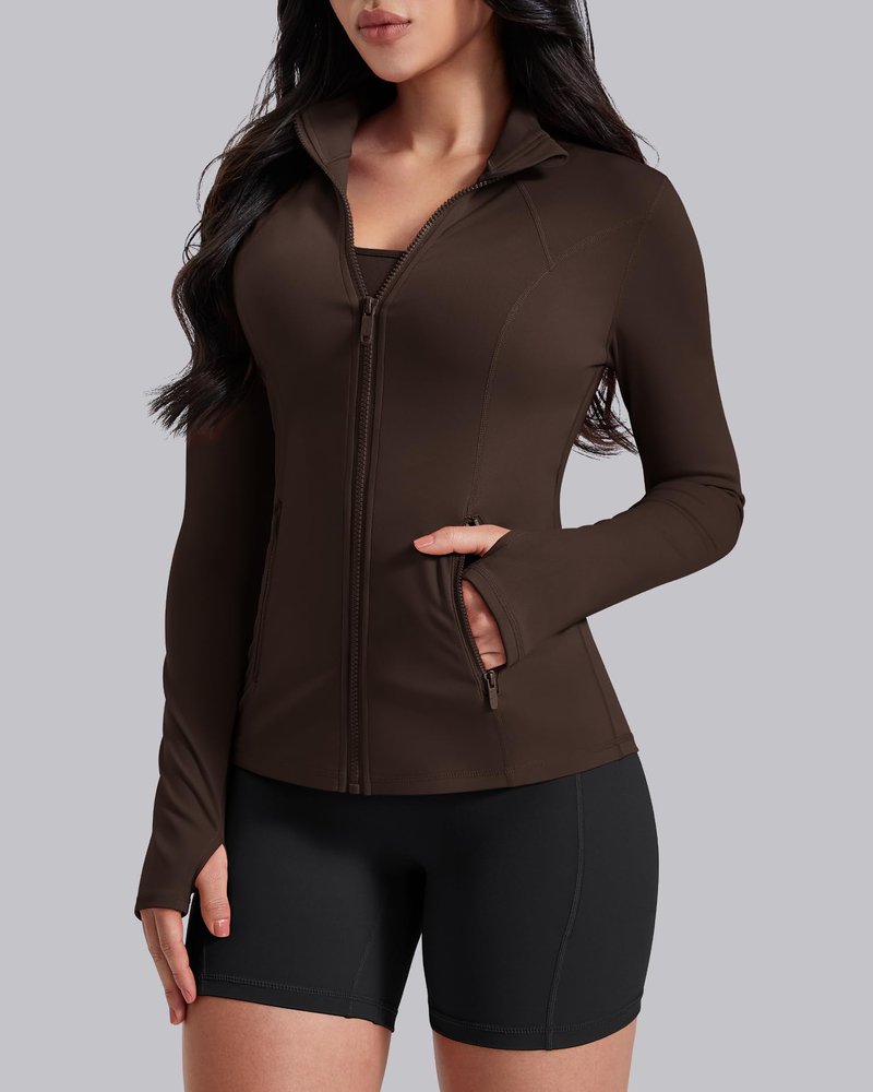AVGO Womens Workout Jackets Lightweight Athletic Zip Up Jacket Slim Fit Running Gym Top with Pockets & Thumb Holes(Roasted Brown, XL)
