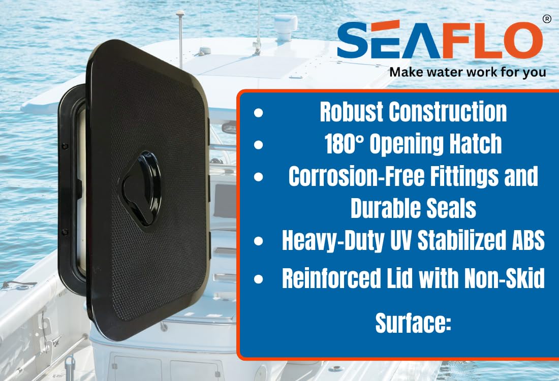 SEAFLO Marine Boat Deck Rectangular Access Hatch - 10.63" x 14.76" (270mm x 375mm) 180° Opening Lid, Non-Skid, Corrosion and UV Resistant, 4-Year Warranty! (Black, Standard)