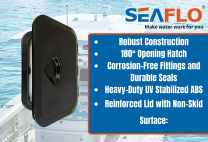 SEAFLO Marine Boat Deck Rectangular Access Hatch - 10.63" x 14.76" (270mm x 375mm) 180° Opening Lid, Non-Skid, Corrosion and UV Resistant, 4-Year Warranty! (Black, Standard)