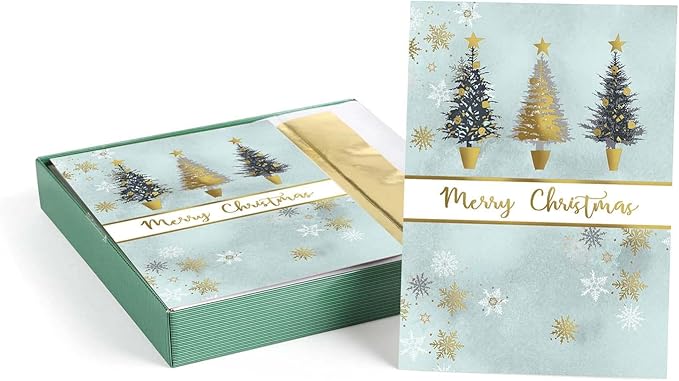 Masterpiece Christmas Tree Trio Gold Foil Holiday Cards / 16 Boxed Winter Holiday Cards With Gold Foil Lined Envelopes / 5 5/8" x 7 7/8" Folded Seasonal Greeting Cards With Inside Verse