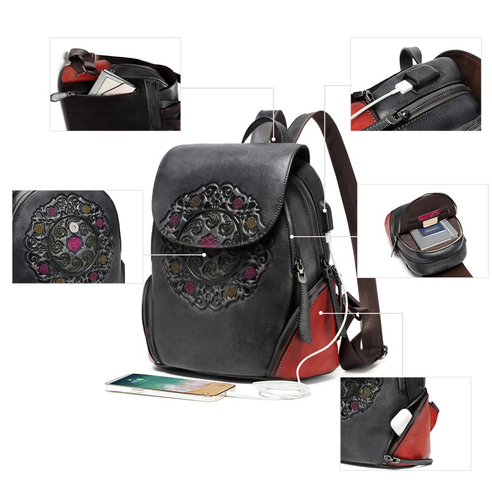 Leather Backpack for Women Organizer Retro Vegetable Tanning leather bag Vintage Embossing Totem (black)