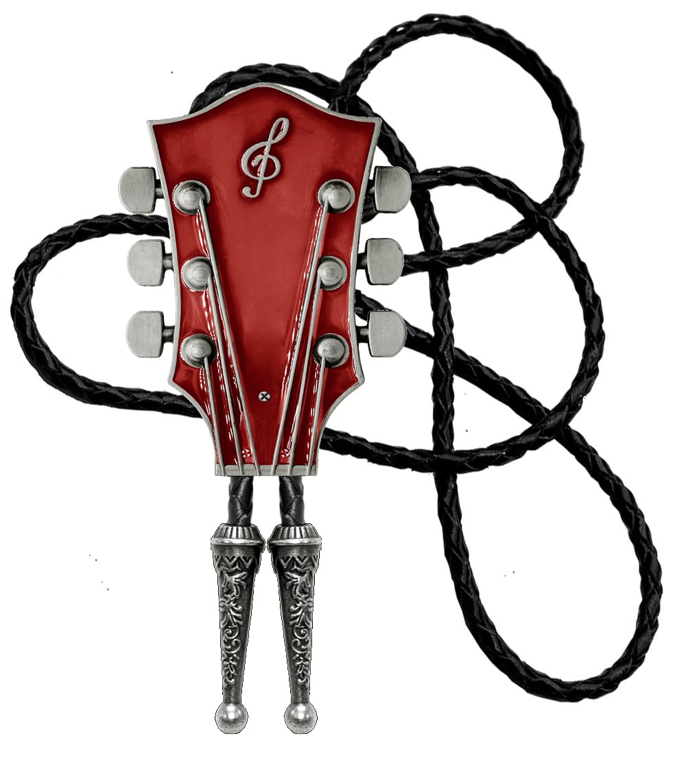 Moranse Bolo Tie With Guitar Music Lover Design Cowboy and Genuine Cowhide Rope (Red 2)