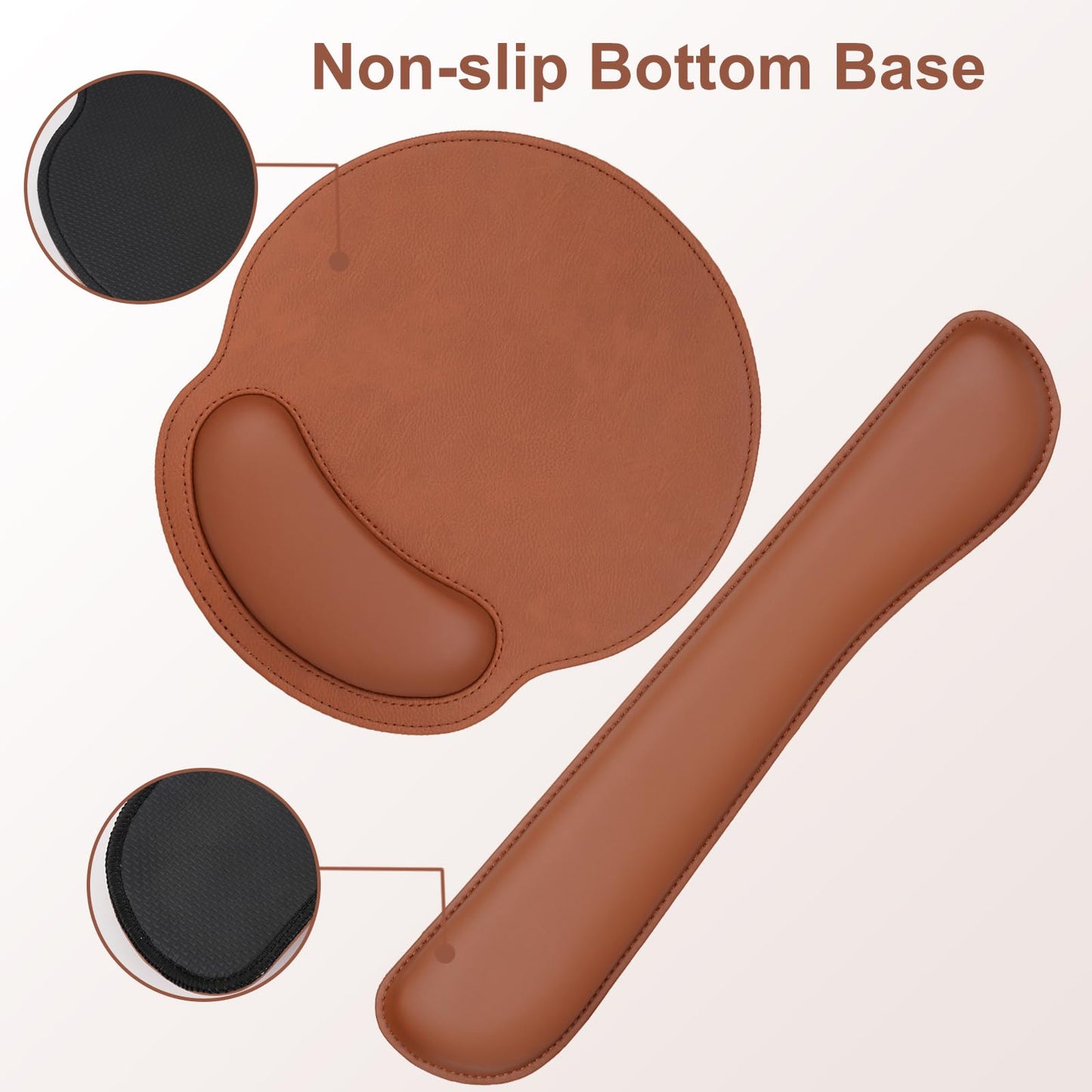MOSISO Wrist Rest Support for Mouse Pad & Keyboard Set, Ergonomic PU Leather Keyboard and Mousepad with Wrist Rest&Coaster Non-Slip Base Home/Office Easy Typing Cushion with Raised Memory Foam, Brown