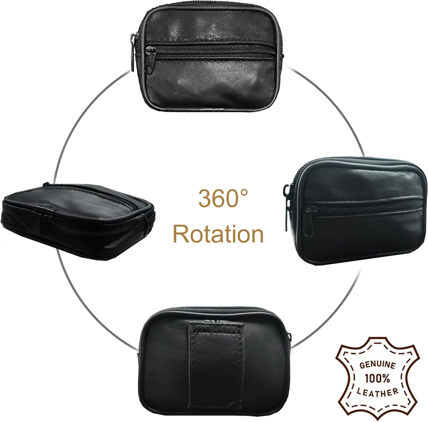 Leather Coin Purse Belt Zipper Pouches for Men Women Purse with Belt Loop Mini Coin Purse Change Holder Zippered Purse (4Inchx3Inchx1.4Inch)