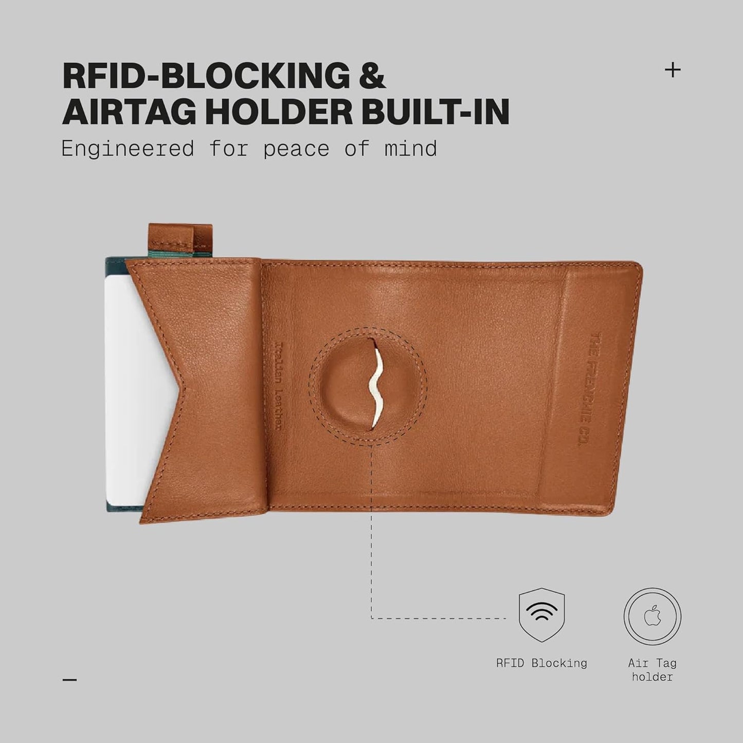 The Frenchie Co. - Speed Wallet - Slim front-pocket wallet with integrated Apple AirTag holder - Quick-access pull tab for fast card ejection - RFID blocking, fits up to 8 cards & folded cash