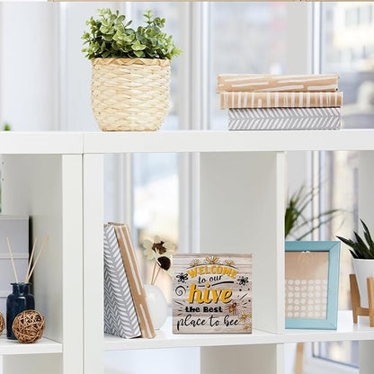 Inspirational Bee Decorations Wooden Box Sign, Bee Decor Welcome Sign, Spring Summer Rustic Farmhouse Home Living Room Bedroom Desk Table Shelf Cubicle Decor Decorations, Wood Block Plaque