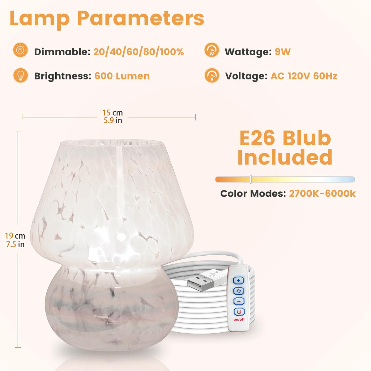 ULAROOM USB Plug-in Mushroom Lamp Small Bedside Table Lamp with 3 Temperature LED Bulb, Free Dimming Nights Light for Bedroom/Living Room/Entryway/Corner Decor or New Home Gift(Rainbow White)