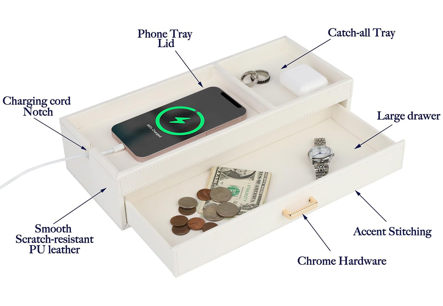 HofferRuffer Valet Jewelry Tray Organizer with Drawer, Faux Leather Storage Catchall Box Phone Charging Station Tray with Dresser Nightstand Desktop Drawer Organizer (White)