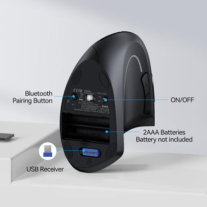 TECKNET Ergonomic Mouse, Wireless Bluetooth Vertical Mouse, 4800 DPI Optical Tracking, 6 Adjustable DPI, Quiet Clicks, 2.4GHz with USB A Receiver, 12 Months Battery, 6 Buttons, Wide Compatibility