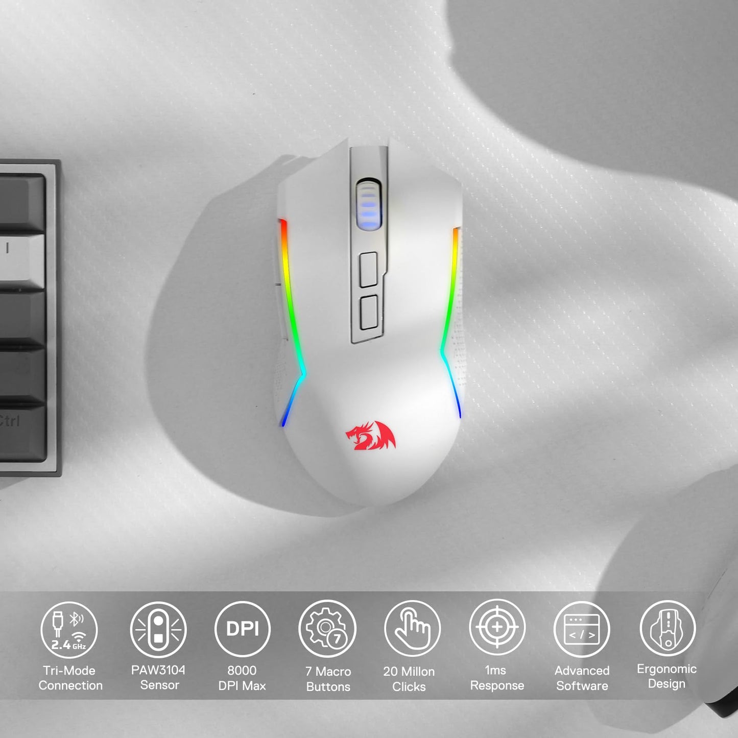 Redragon M693 Wireless Gaming Mouse, 8000 DPI Mice w/ 3-Mode Connection, BT & 2.4G Wireless, 7 Macro Buttons, Reliable Power Capacity for PC/Mac/Laptop