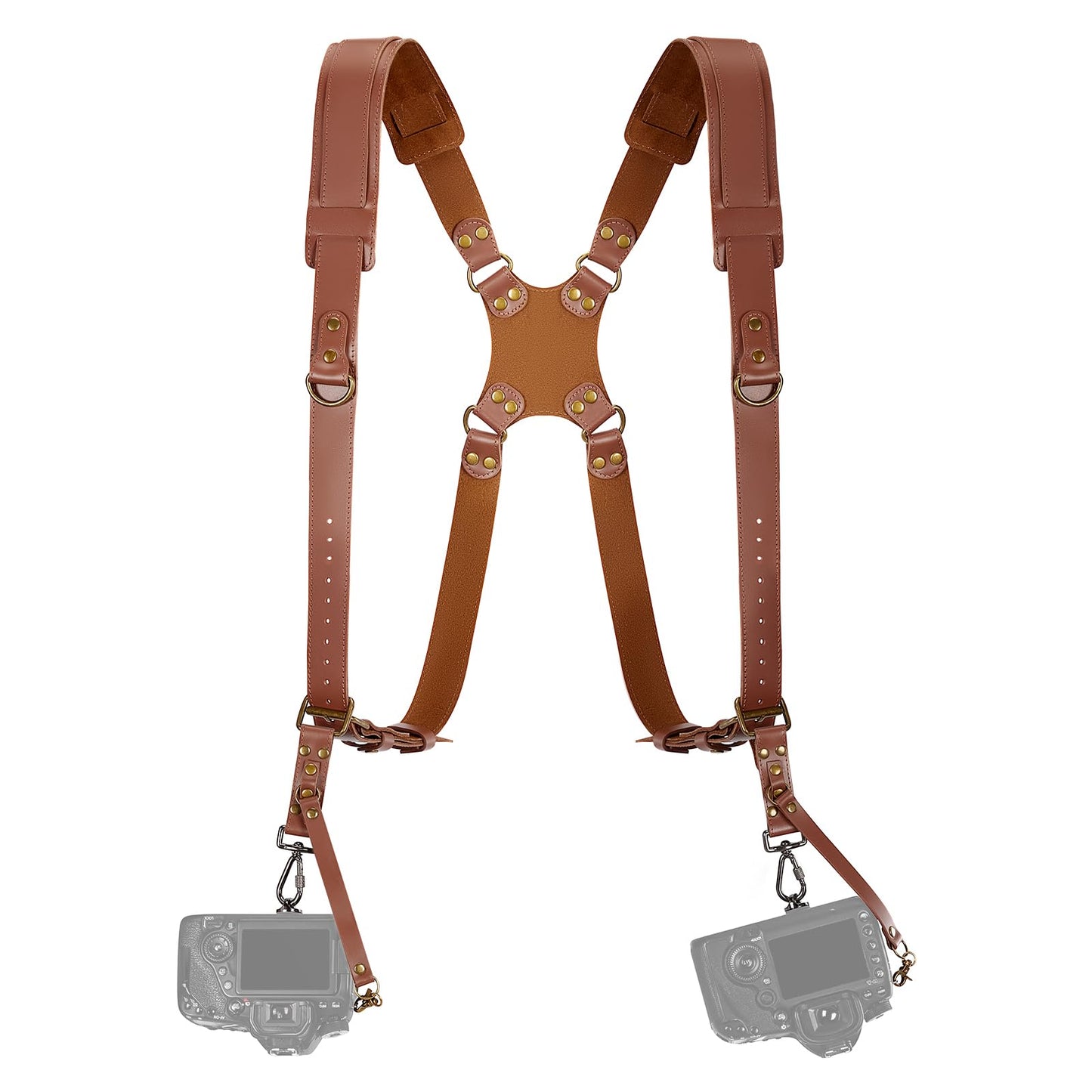 Jumyee Double Camera Harness Strap for 2 Cameras, Adjustable Shoulder Leather Camera Strap for Photographers, Professional Camera Harness for DSLR/SLR for Wedding, Wild, News(Brown Stitched)