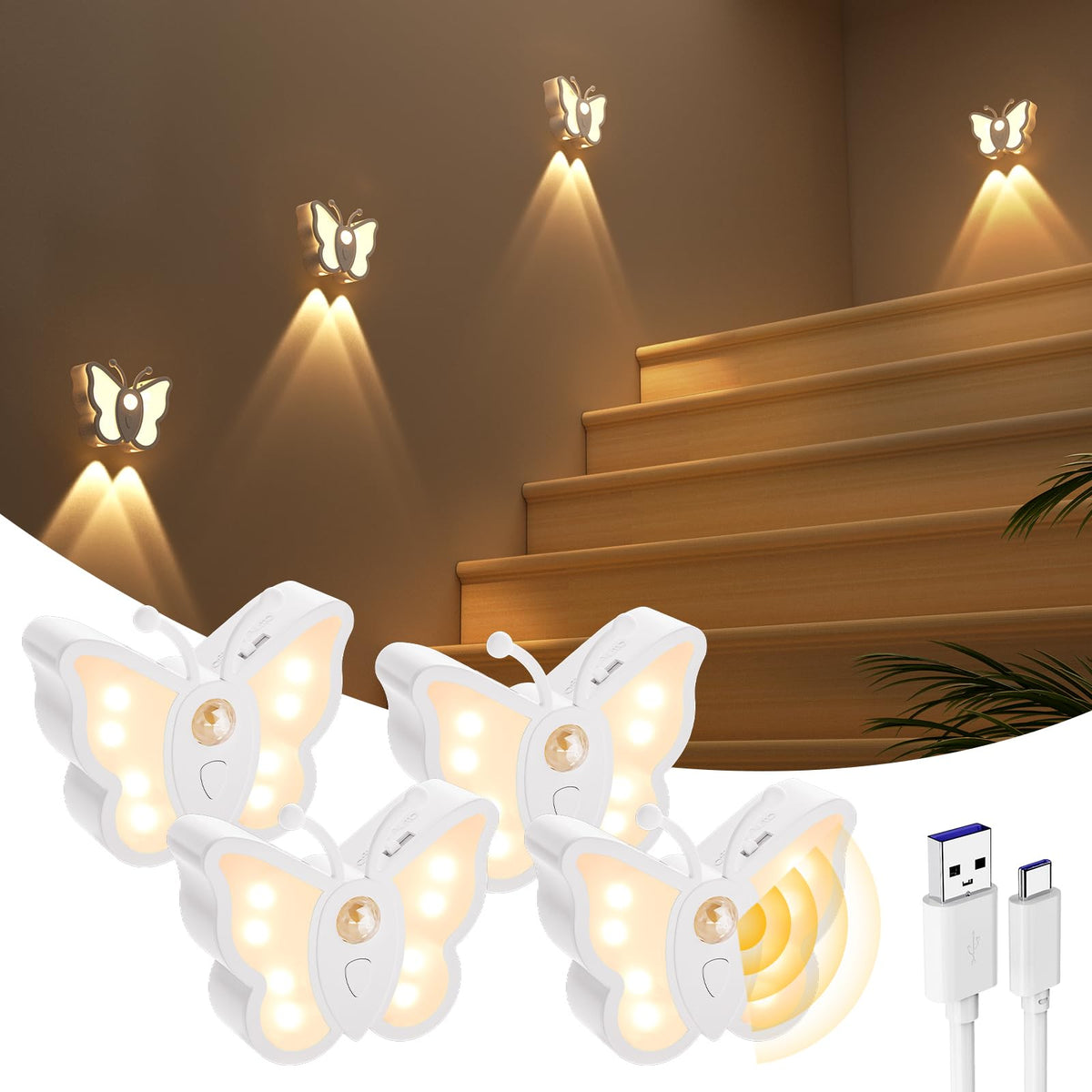 LOFTEK Motion Sensor Night Light, Rechargeable Stair Lights, Wireless with Magnetic Stick on Wall Light for Hallway, Bathroom, Bedroom, Kitchen, Portable for Outdoor Camping, Warm White, 4 Pack