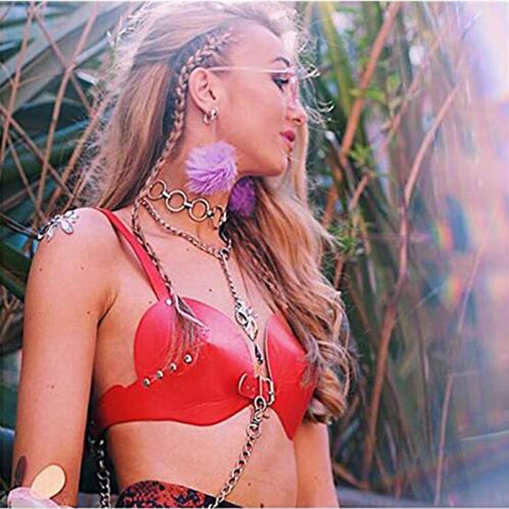 Women's Leather Bullet Cup Bra Body Harness Adjustable Brooch Buckle Punk Lingerie Bra Catwoman Costume(red) One Size
