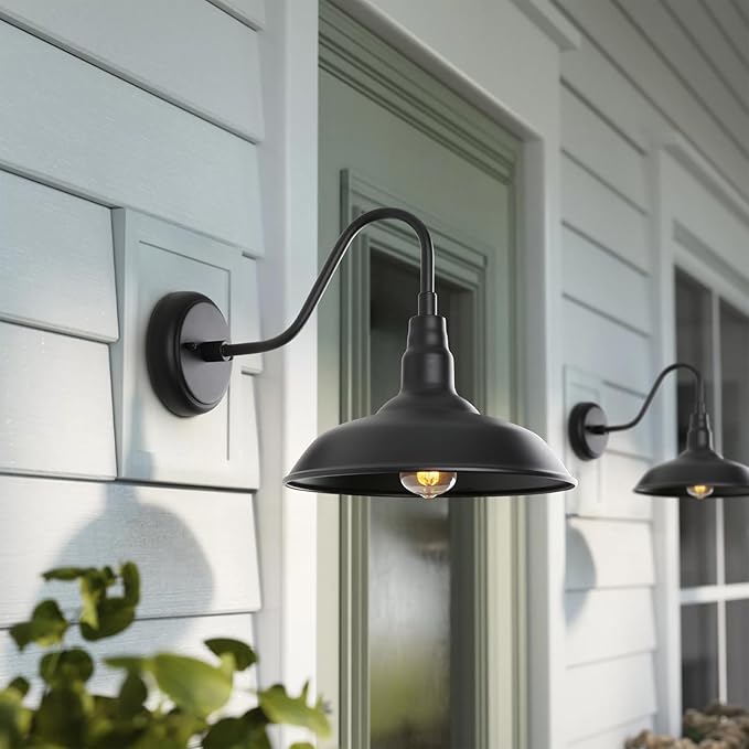 14 Inch Outdoor Gooseneck Light Fixture for Porch, 2 Pack Large Exterior Barn Lights for Farmhouse, Black Outside Wall Sconce for Porch Patio Garage