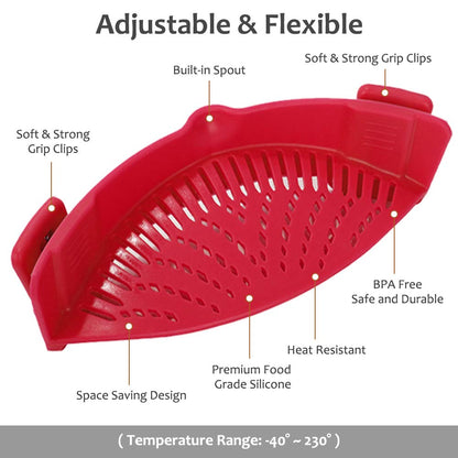 YEVIOR Clip on Strainer for All Pots Pan,Silicone Pasta Strainer Kitchen Gadgets,Collapsible Colander for Noodle,Vegetables,Fruit,Spaghetti (Grey)