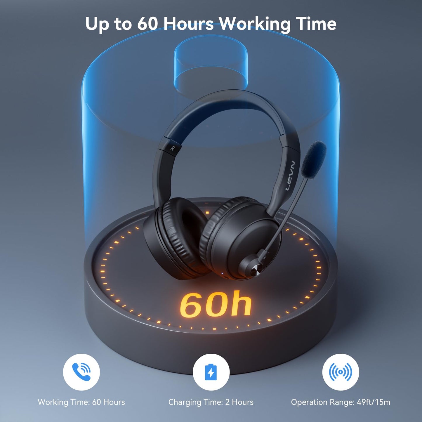 LEVN Bluetooth Headset with Microphone, Wireless Headset with Mic & Mute Button, 60 Hrs Working Time, Noise Cancelling Bluetooth Headphomes 5.3 Multipoint Connect to Cell Phone/Mobile/Laptop/Tablet/PC