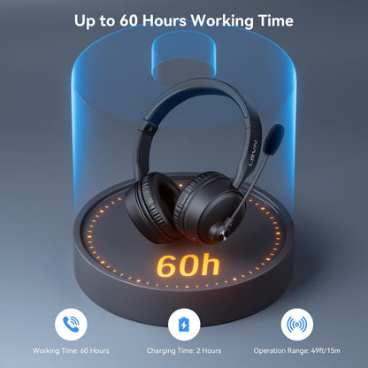 LEVN Bluetooth Headset with Microphone, Wireless Headset with Mic & Mute Button, 60 Hrs Working Time, Noise Cancelling Bluetooth Headphomes 5.3 Multipoint Connect to Cell Phone/Mobile/Laptop/Tablet/PC