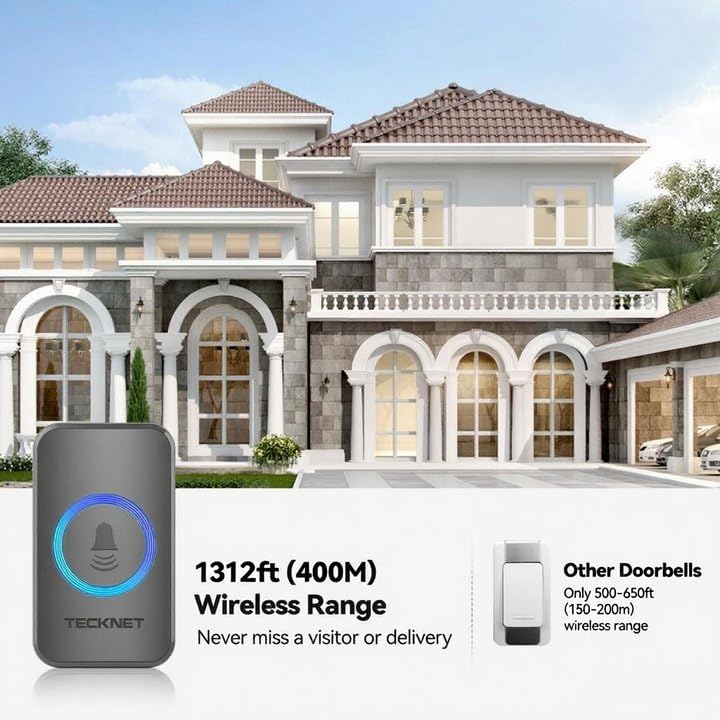 TECKNET Wireless Doorbell, Door Bell 0-120dB, 1300 ft Wireless Range, IP65 Waterproof Classroom Doorbells, 60 Chimes & 5 Volume Levels, RGB Light for Home Kid Room Office Hearing Impaired
