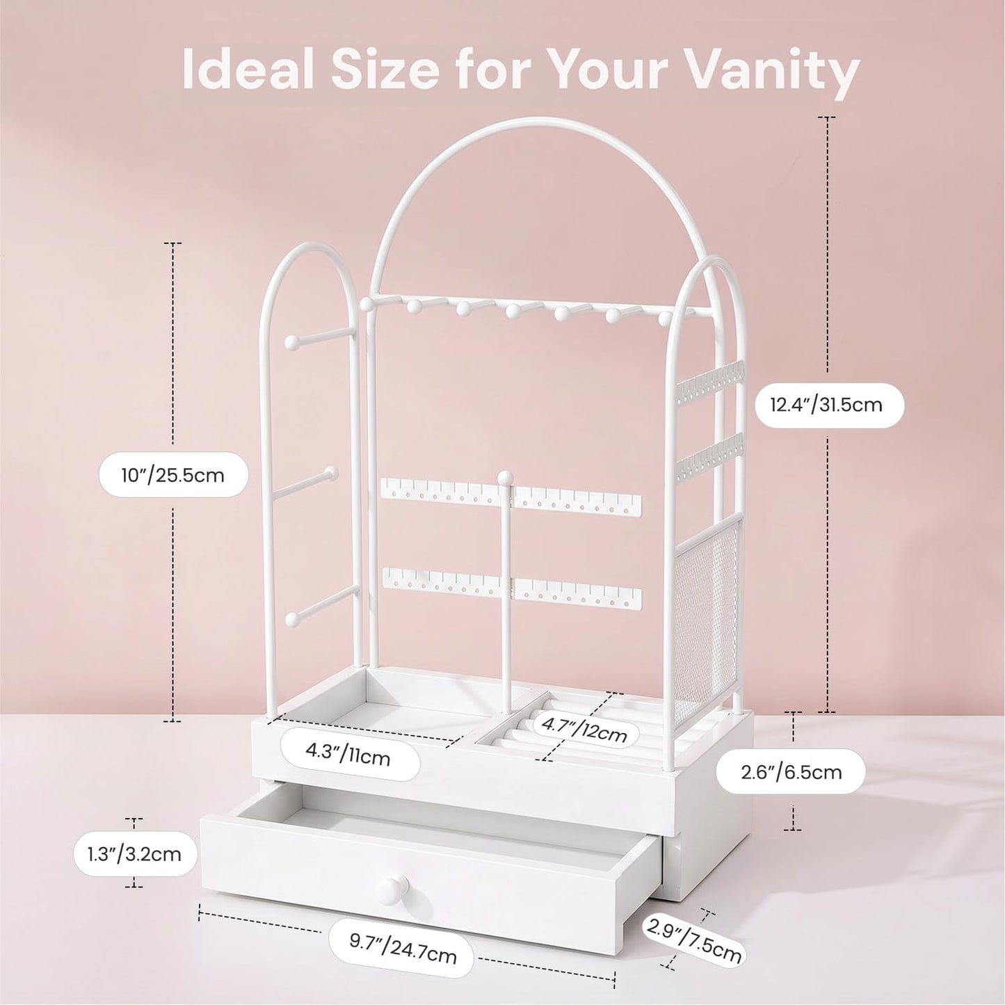 TerraKit White Vanity Jewelry Organizer Stand with Drawer, Earring Holder and Necklace Bracelet Organizer, Metal & Wood Jewelry Display Stand for Earrings, Rings, Bracelets, Dresser & Bedroom
