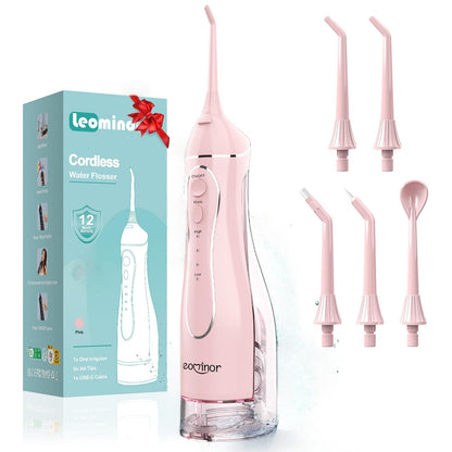 Leominor Water Flosser Pick for Teeth, 300ML Portable Oral Irrigator Upgraded Tank Removable,IPX7 Waterproof, Rechargeable Travel Teeth Cleaner, Professional Electric Flossing Machine (Pink)