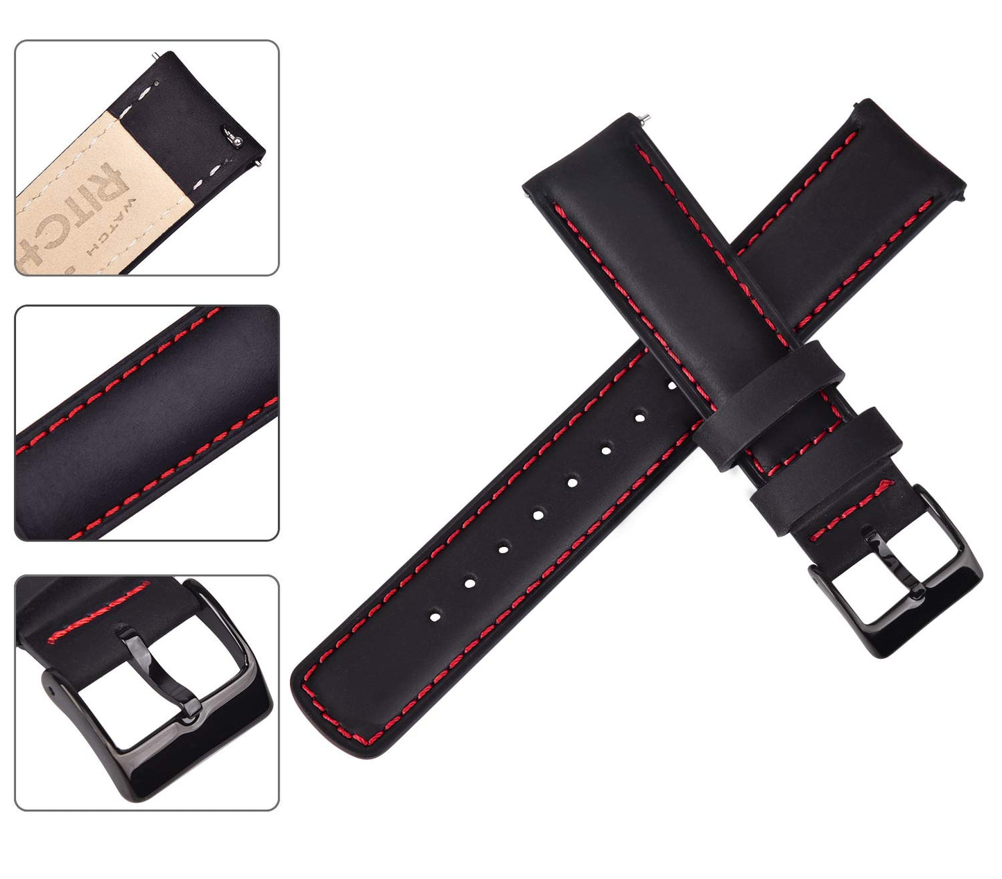 Ritche 21mm Leather Watch Band Compatible with Timex Expedition Fossil Seiko Leather Watch Bands for Men Women Black Watch Strap Orange Stitching, White Elephant Gifts, Stocking Stuffers for Men, Father's Day gifts