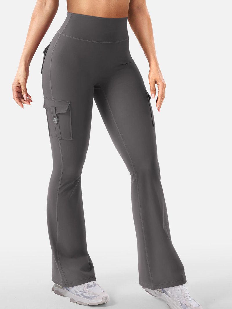 YEOREO CoreFlex Women Workout Flare Leggings with Pockets Hidden Scrunch High Waisted Cargo Gym Yoga No Front Seam Leggings Dark Grey XS