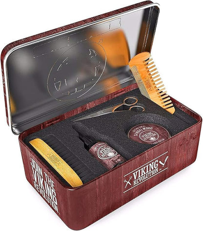 Viking Revolution Ultimate Grooming Kit for Men - Boar Brush, Wood Comb, Sandalwood Balm & Oil, Scissors for Beard & Mustache
