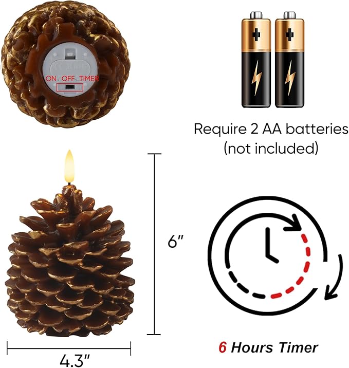 Homemory 2 Pcs LED Pine Cone Candles, Flameless Candles with 6H Timer, Battery Operated Flickering Candle, Real Wax Pinecone Candles for Christmas Indoor Decoration, Brown(D4.3 x H6 Inch)